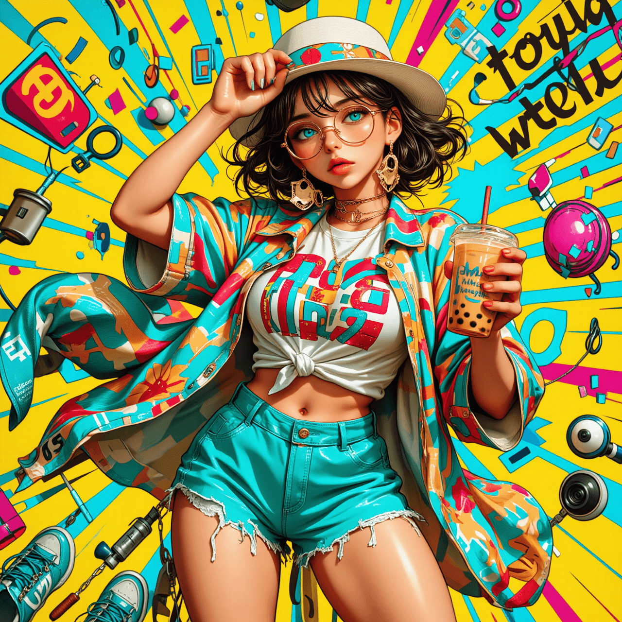 AI generated: Vibrant anime-style portrait of a cute stylish young woman with warm tan skin, large sparkling turqu...