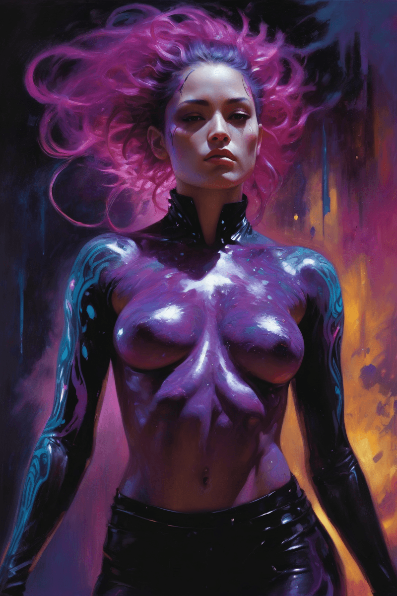 AI generated: Neonpunk style, black background, beautiful fit woman, playing with messy hair, swirling paint and i...