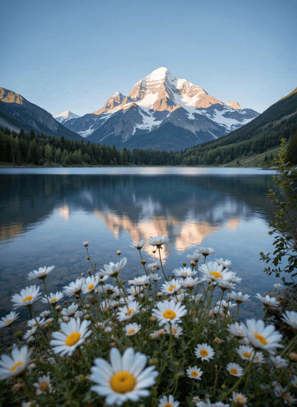 AI generated: The image depicts a serene and picturesque landscape featuring a calm lake reflecting the surroundin...