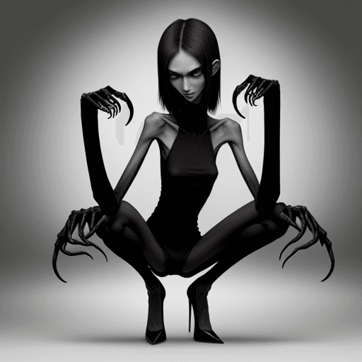 AI generated: very skinny slender girl, with long curved claws, with skinny legs and long skinny calves in high he...