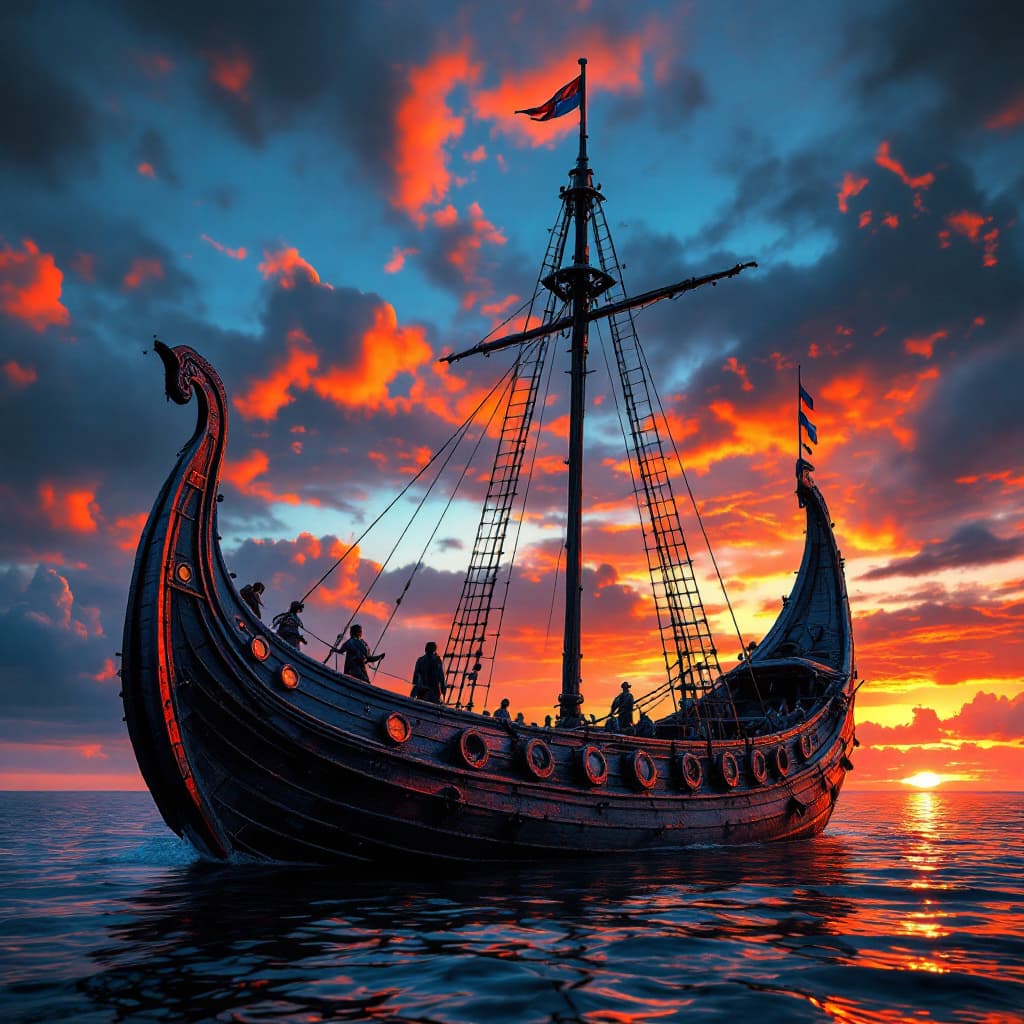 AI generated: Photo of authentic Viking ship in dramatic lighting, colorful sunrise, vivid skies, dynamic lighting...