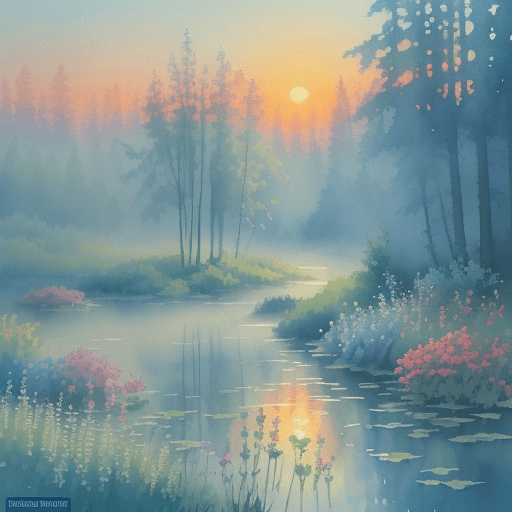 AI generated: bushes, forest, flowers, blue-mint lake, gentle spring blue sunset, twilight, fog, glow, in the styl...