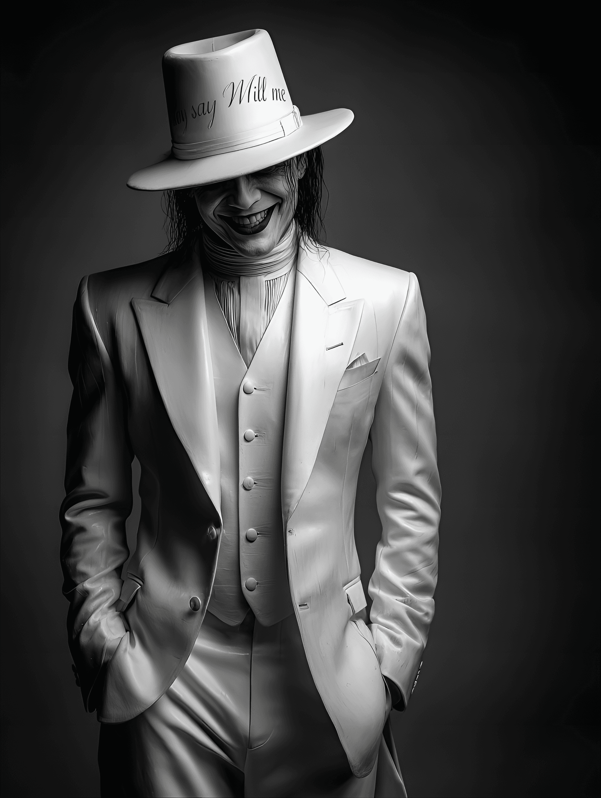 AI generated: Man in a white suit and hat, laughing,  embroidered on the suit and hat,  studio portrait,  pale ski...