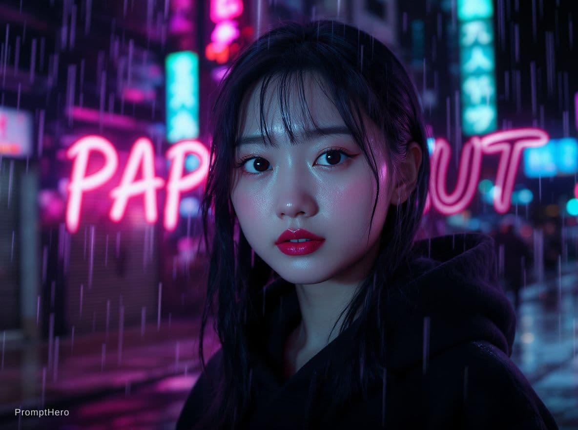 AI generated: cinematic close-up portrait of a cute young Japanese woman standing in a rainy neon-lit city at nigh...