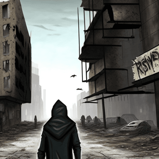 AI generated: Ruined post-apocalyptic city. Hooded person from the back.
