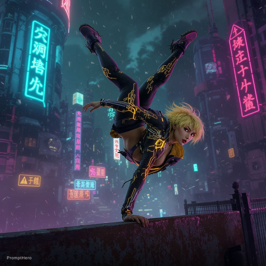 AI generated: cyberpunk game style a photo of a slim, small breast, flat chest, abs, young asian female supermodel...