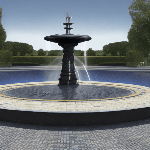 AI generated: Create an image of a round fountain 8meter wide with eight water jets on the edge distributed equall...