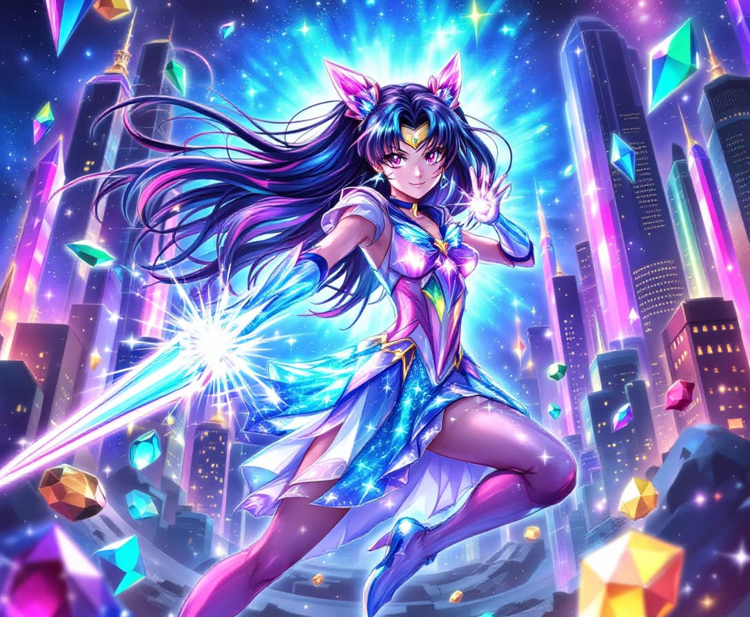 AI generated: Anime magical girl sailor mars , sparkling crystal dress, iridescent hair, wielding a diamond wand, ...