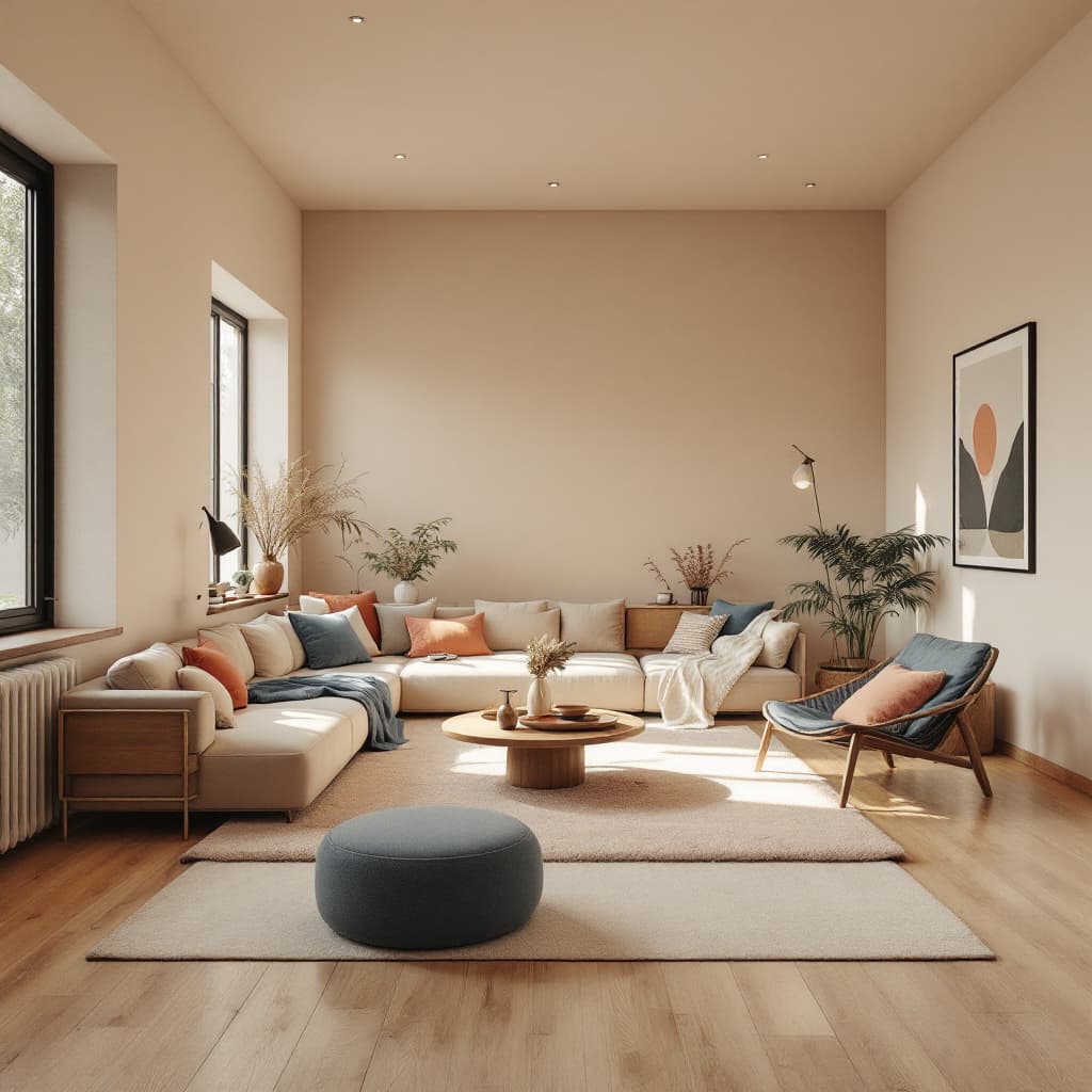 AI generated: High resolution photography interior design, dreamy sunken living room conversation pit, wooden floo...