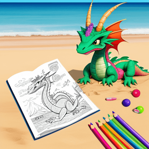 AI generated: coloring book for kids happy dragon on a beach

