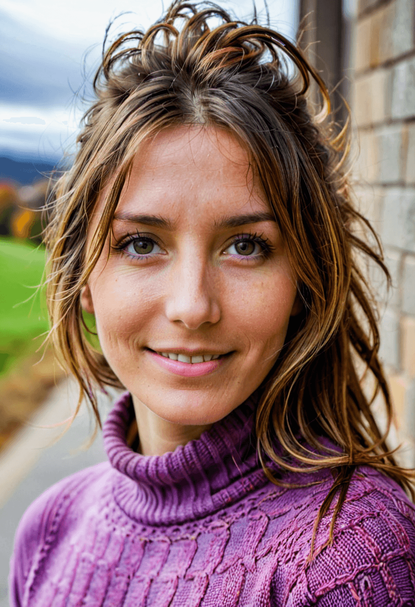 AI generated: HDR photo of woman with messy hair smiles at the viewer, perfect eyes, beautiful skin, wearing a bri...