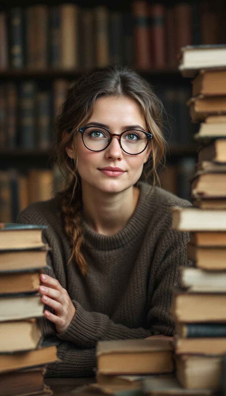 AI generated: A composed and studious portrait of a thoughtful Polish historian. She’s surrounded by stacks of old...