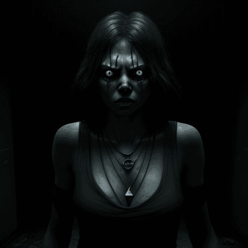 AI generated: A mutant hostile girl emerging from a dark room, necklace, gray lighting, painful, pessimistic atmos...
