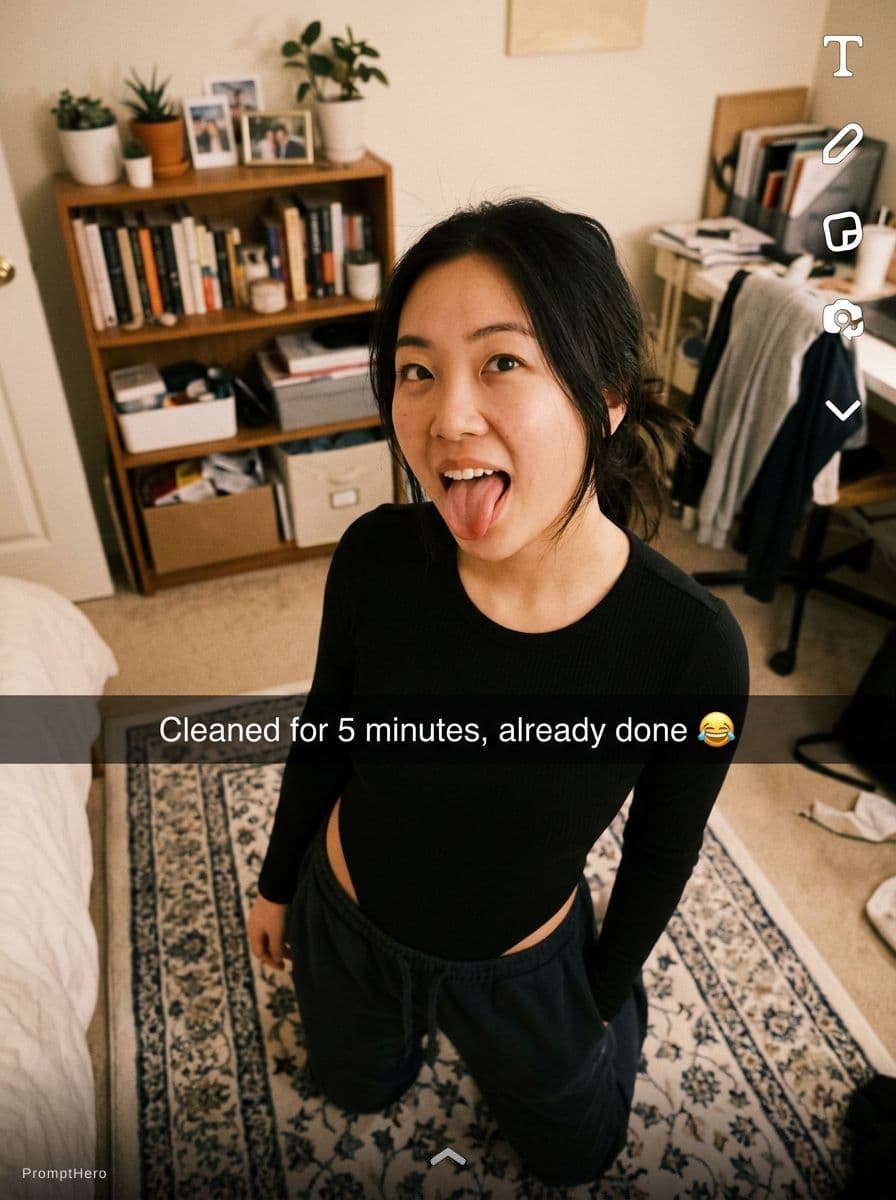 AI generated: Ultra realistic, photorealistic, snapchat photo. A candid photograph of a young adult east asian wom...