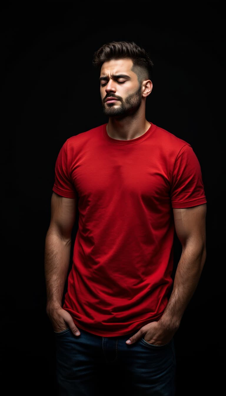 AI generated: Full body photograph of a exhausted, handsome, caucasian man, eyes closed, open mouth, short burst-t...