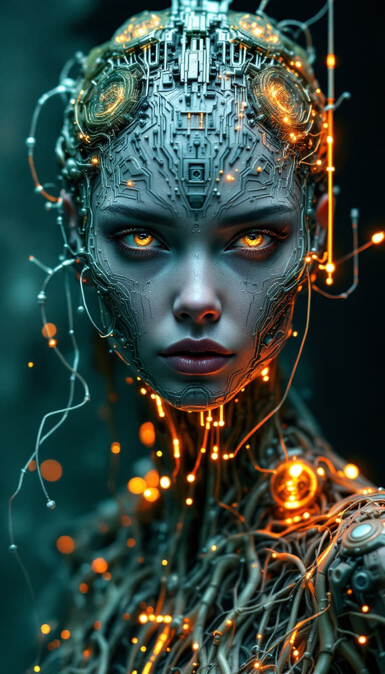 AI generated: An enigmatic, waist-up portrayal of a woman, her face and upper body covered in meticulously detaile...