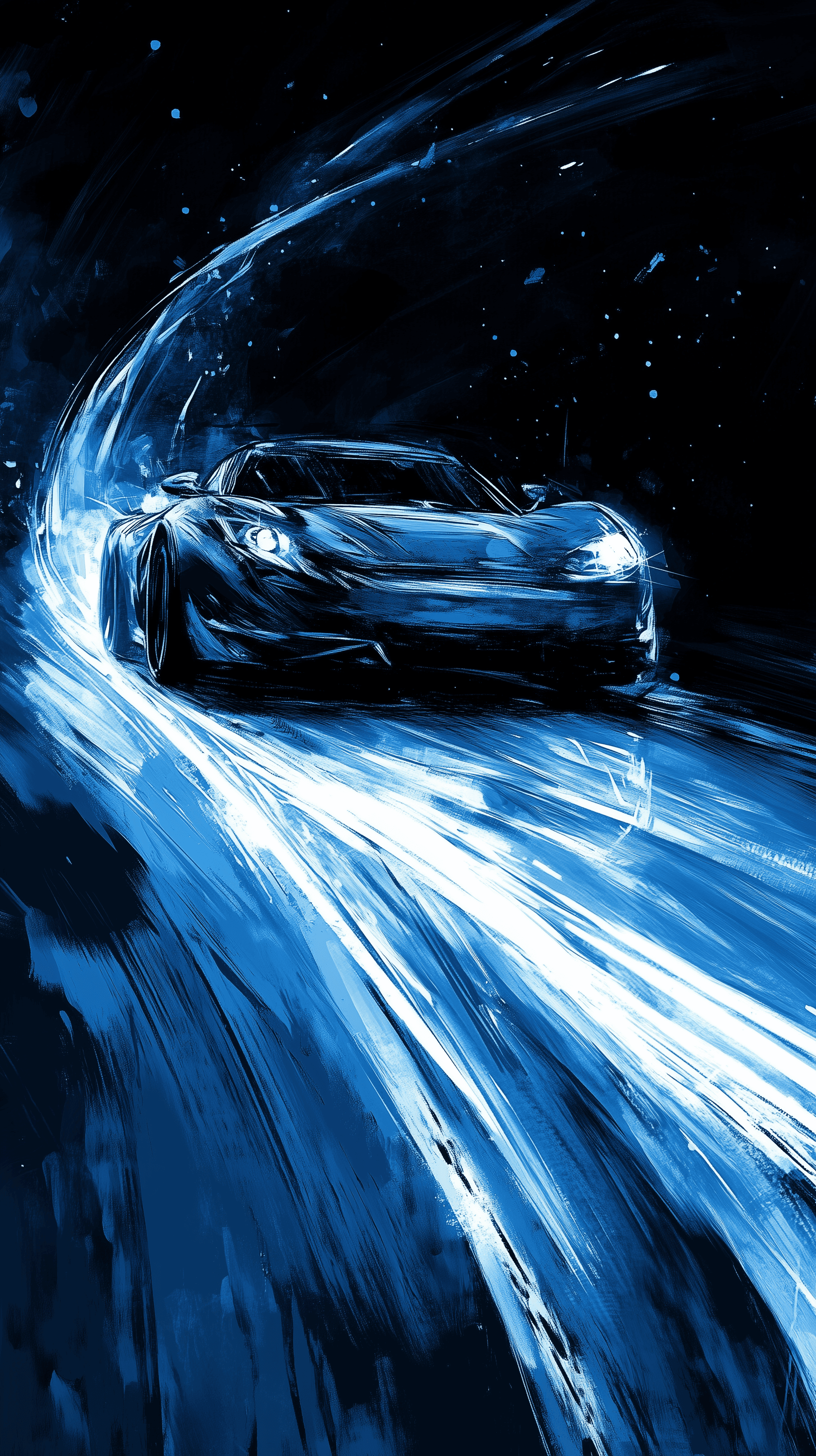 AI generated: ink drawing of a creative concept car, zen brush stroke, monochromatic fluorescenceblue ink with cal...
