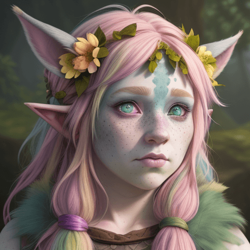 AI generated: Firbolg, female, pastel colors, druid, hyper realism, high Detail, freckles, dungeons and dragons, h...