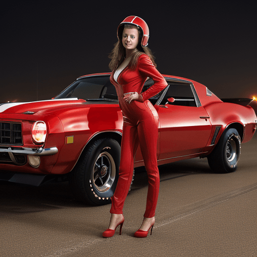 AI generated: Beautiful natural Brunette in aircraft red suit , standing solid on long legs, back to the camera, h...