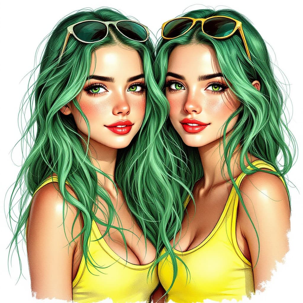 AI generated: This is a digital drawing in a detailed, realistic style. It features two young women with long, wav...