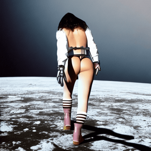AI generated: space girl, rear view , beautiful ass , standing on a white moon-type surface, look far away
