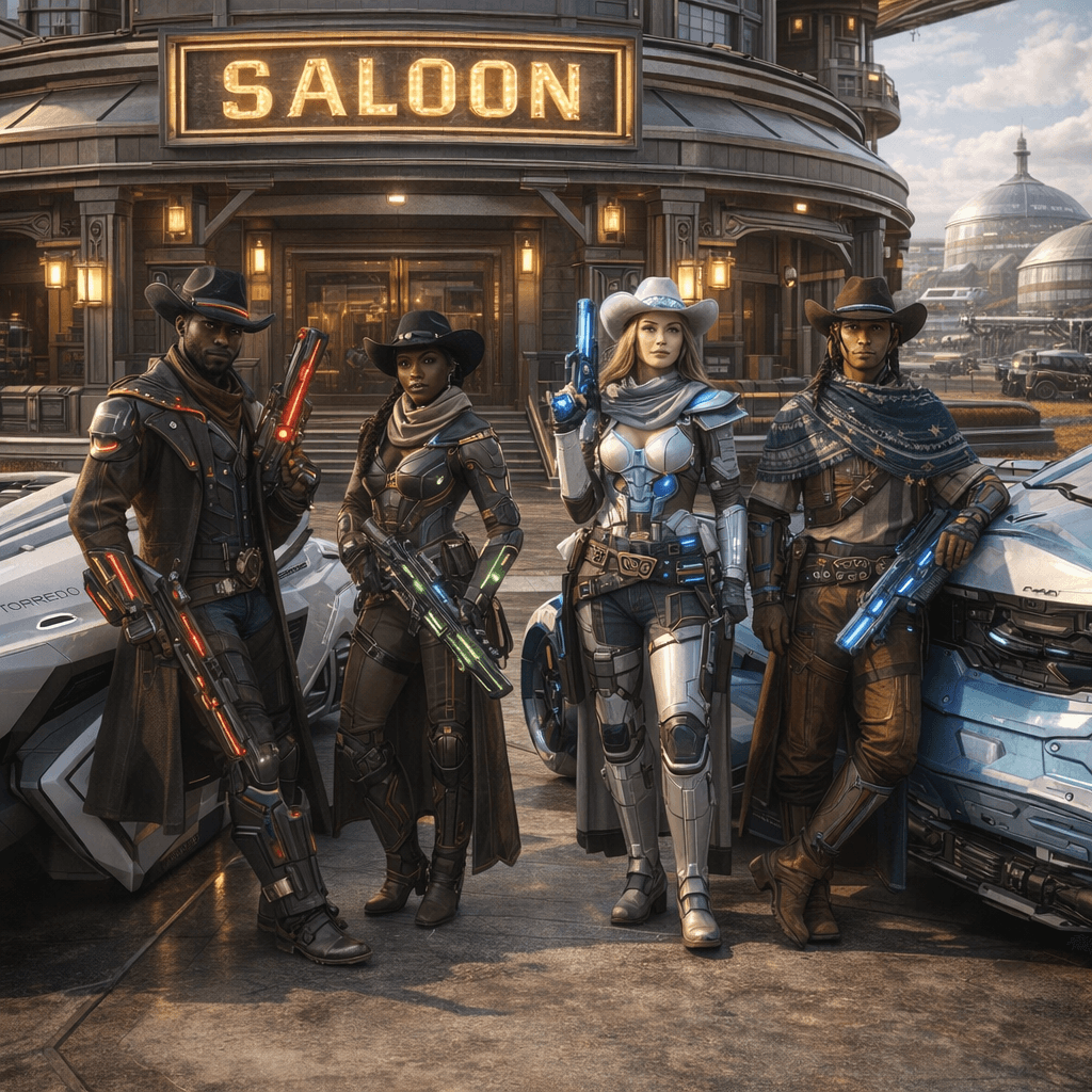 AI generated: Create an image of four futuristic, but different-looking, Human Cowboys and Cowgirls, Black Cowboys...