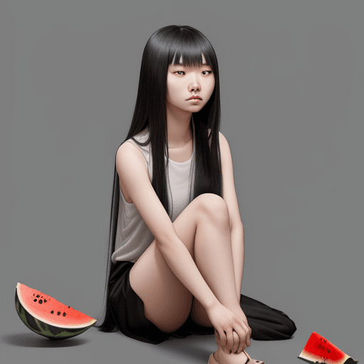 AI generated: 
A young Chinese woman with long straight blonde hair and bangs and completely black eyes, with a th...