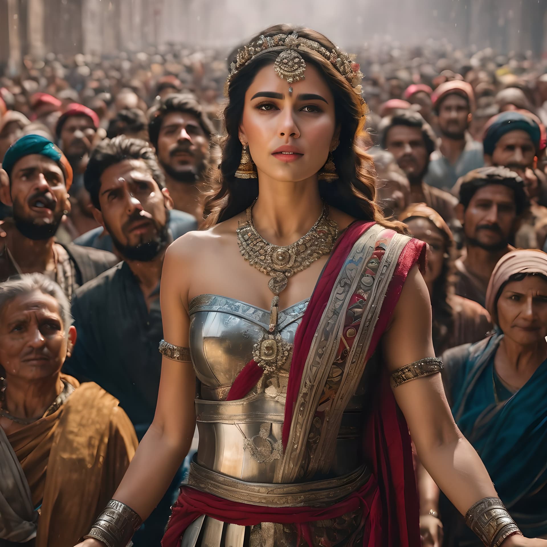 AI generated: A beautiful and strong woman standing above a crowd that she is addressing, the woman is proud and h...