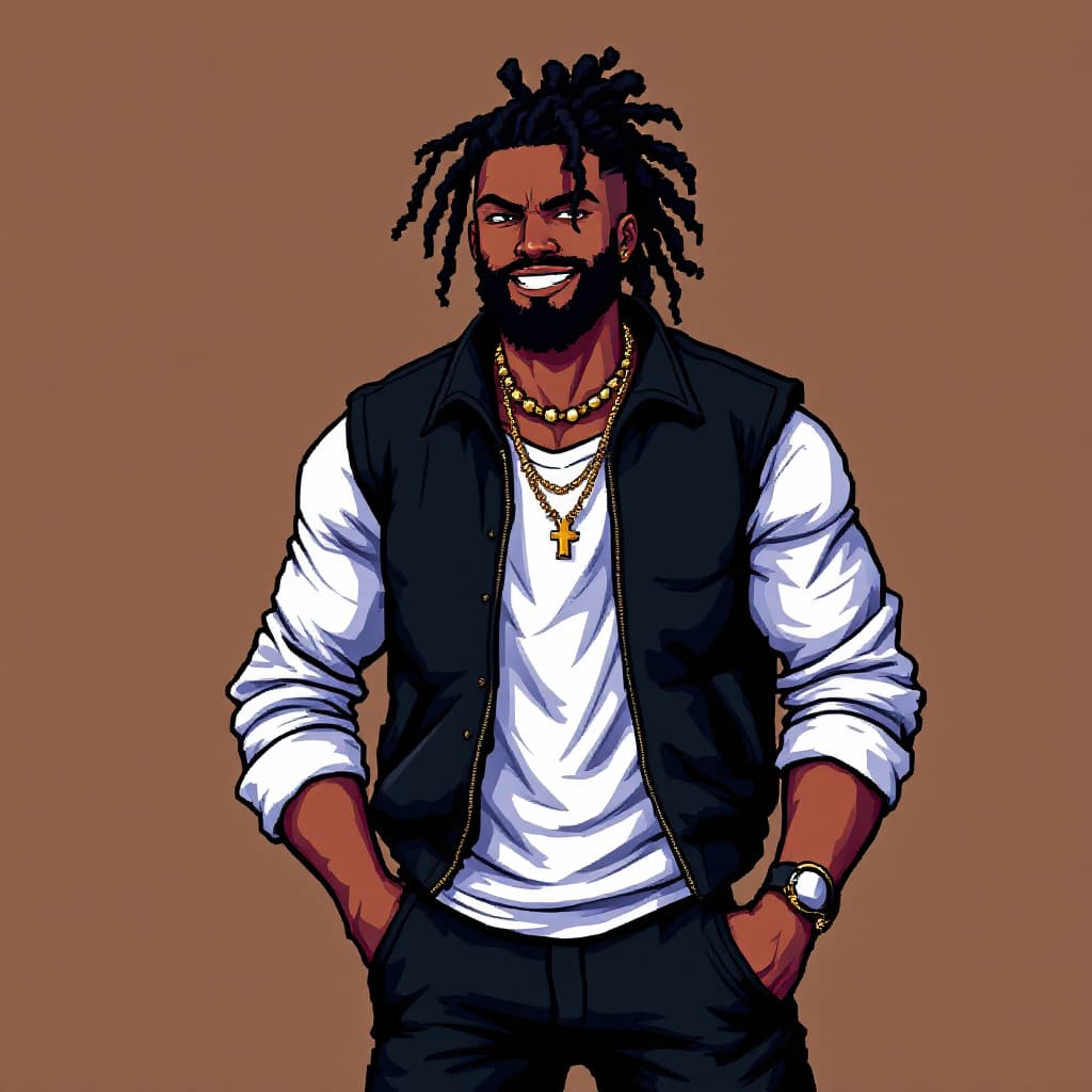 AI generated:  pixel gaming art style from NES era  of a black male with an Espresso skin tone with  locs in a pon...
