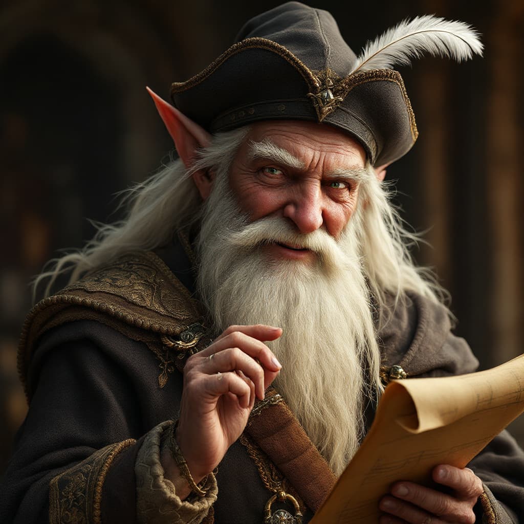 AI generated: happy musical elven bard, elderly, white hair and beard, medieval cap with a feather, holding a scro...