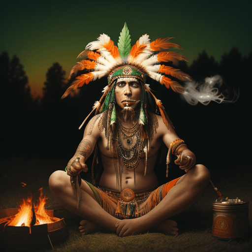AI generated: High-resolution photograph of a psychedelic scene, indian chief dancing with a cannabis headdress, s...