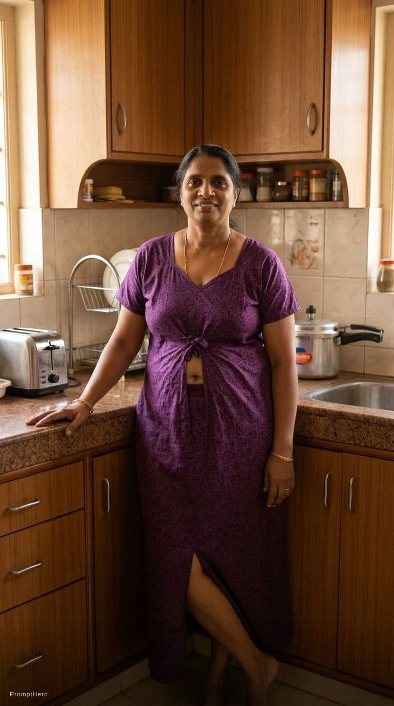 AI generated: I want to make her standing in a corner of the kitchen . dressed a half nighty Maxi and she showing ...