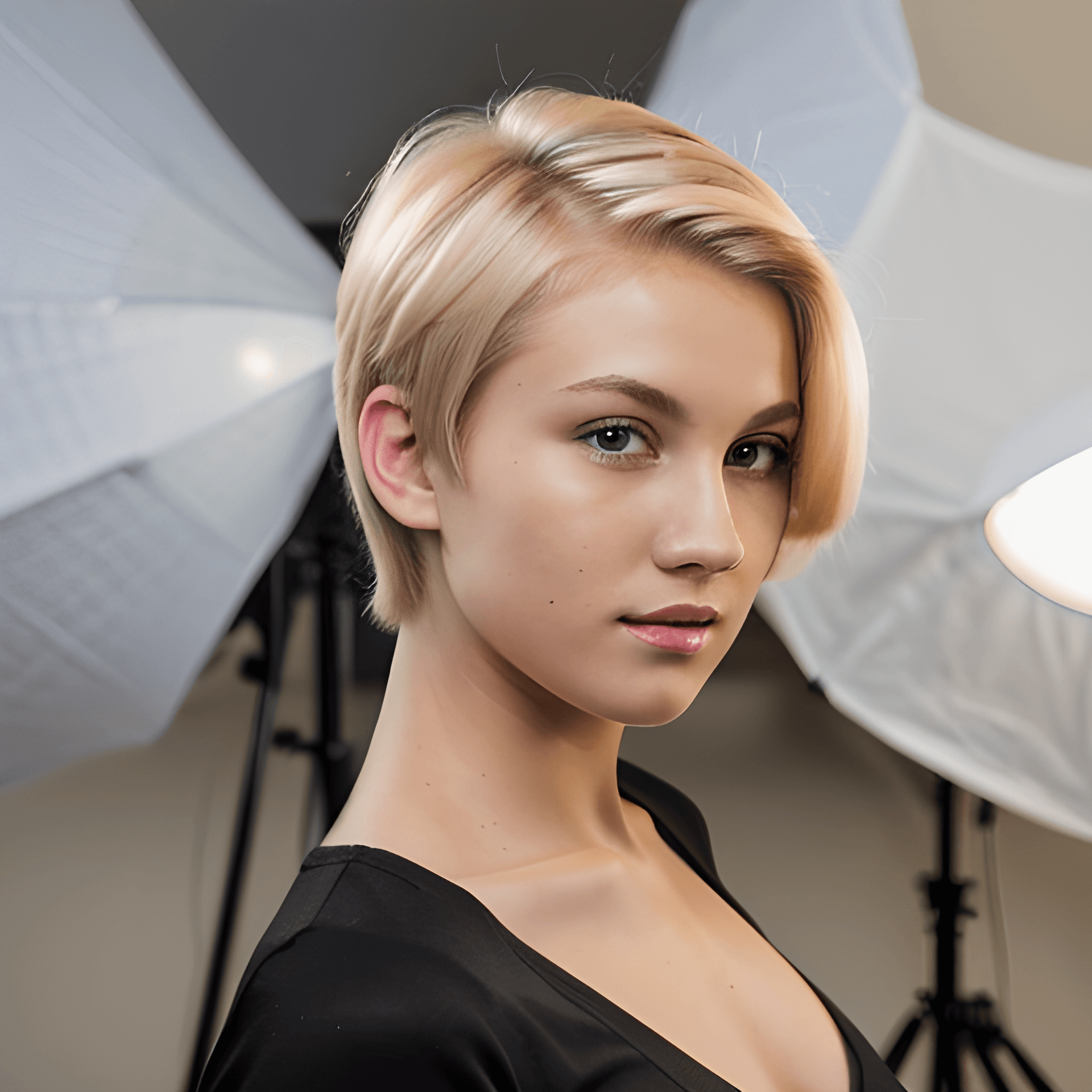 AI generated: photo of an attractive blonde woman with short hair, looking at the camera, portrait photography, in...