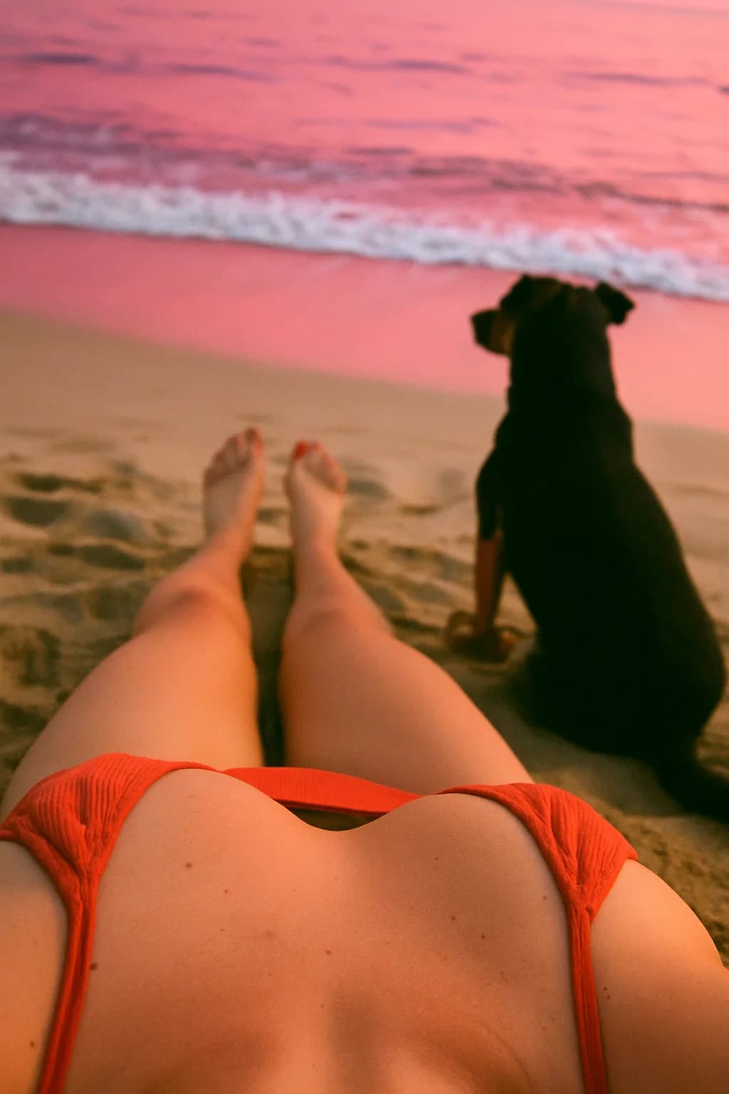 AI generated: revealing first person dècoletèe down point of view of a woman you can see her feet relaxing o the b...