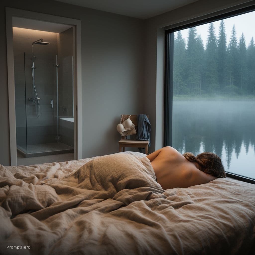 AI generated: A serene, cinematic bedroom scene in soft early morning light. A woman lies sleeping on her side on ...