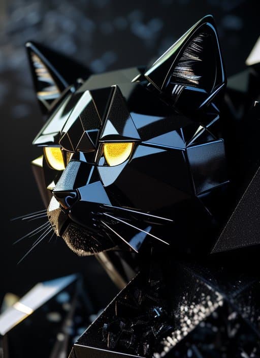 AI generated: a close up of a cat (made from many black obsidian fragments:1.4), (crystal cubism:1.3), yellow eyes...