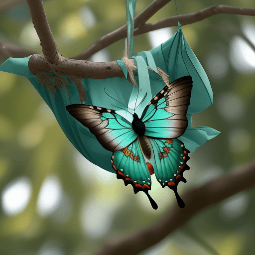 AI generated: MARIPOSA TURQUESA CON ALAS ABIERTAS POSADA EN UN ÁRBOL INMENSO