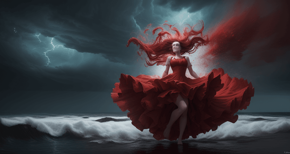 AI generated: High quality, masterpiece:1.2, 8k, representative work, Girl, engulfed by red powder explosion,upper...