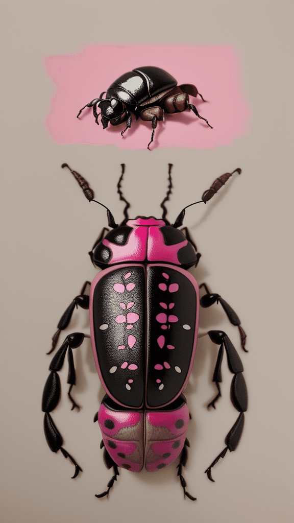 AI generated: floral beetle wearing a (long:1.2) pink (scarf:1.3), a beetle with arms and a head, (dark shot:1.17)...