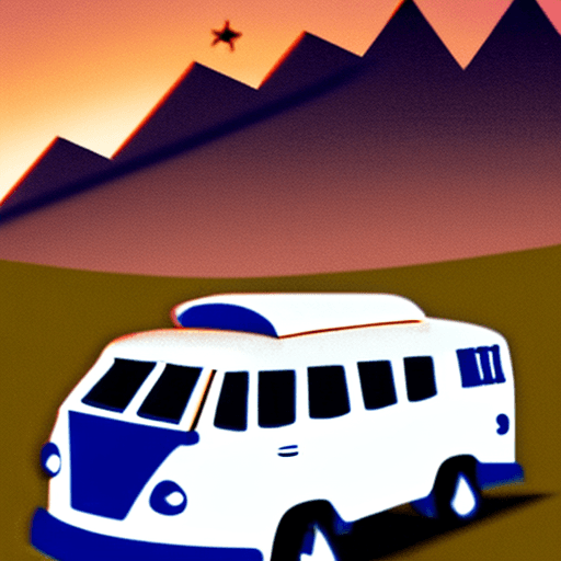 AI generated: RAW photo of a white VW BUS on top of a hill, there are 4 people inside of the bus, warm shining lig...