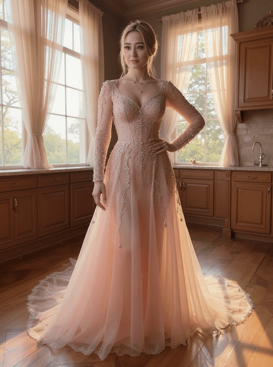 AI generated: "A breathtaking full-body portrait of a woman wearing a dazzling, intricately designed pink and crys...