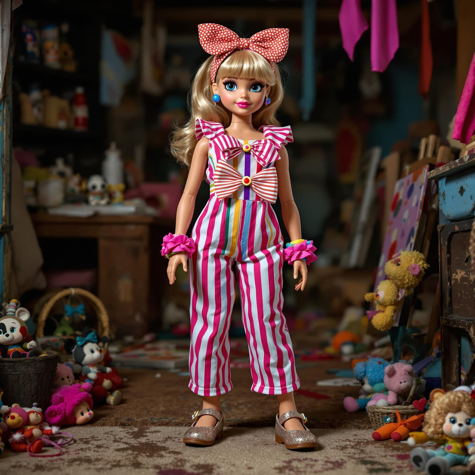 AI generated: a female doll in an attic transformed into a vibrant toyland wearing a candy-striped jumpsuit with o...