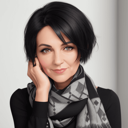 AI generated: A woman wearing a black top and a gray-toned patterned scarf is looking at the camera with her chin ...
