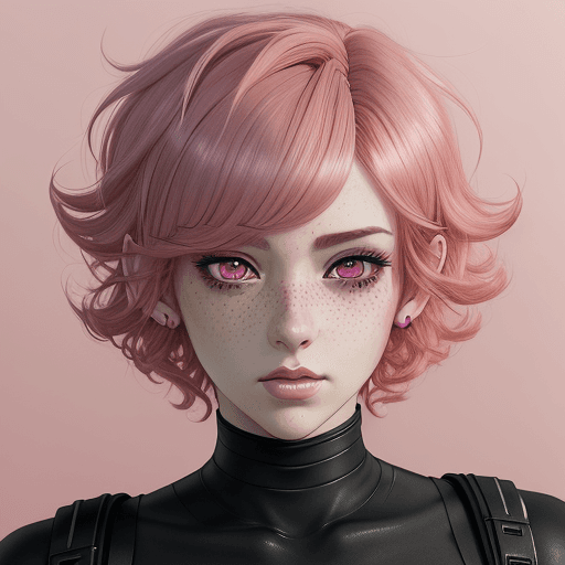 AI generated: anime style, Handsome woman with pink medium short curly hair, freckles, revealing her big deep pink...