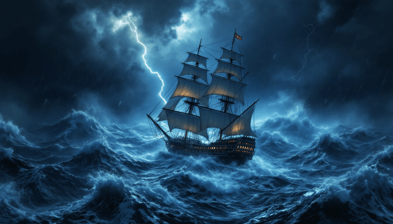 AI generated: A bird's eye view Photo of a ultra realistic sailing ship, in the early 1800's, caught and being bat...