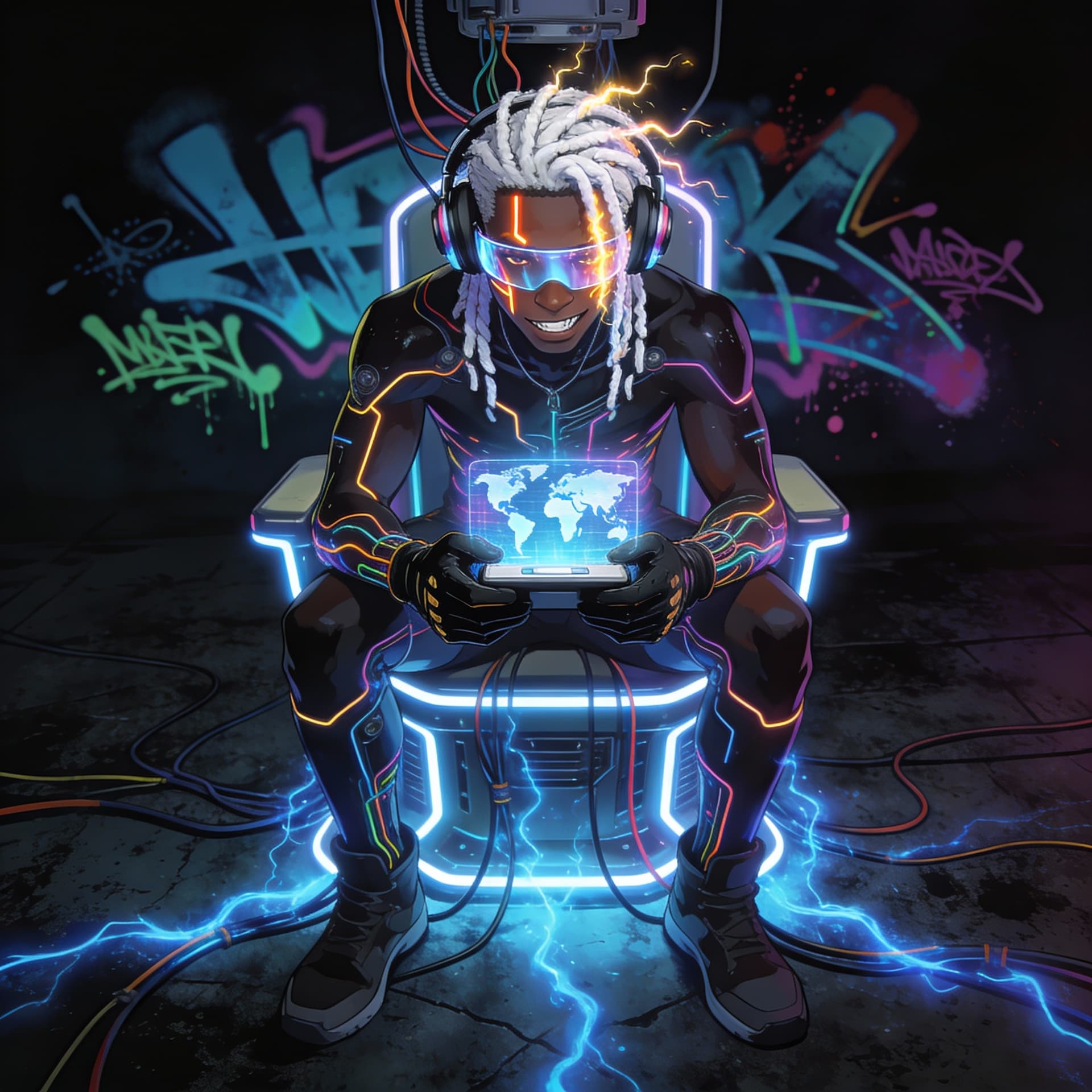 AI generated:  A full-body 3D anime style illustration of a futuristic cyberpunk African American male, his skin i...