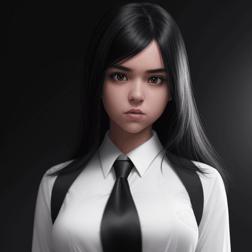 AI generated: A   girl  black hair and wearing a black suit and white shirt, not realistic, detailed, studio light...