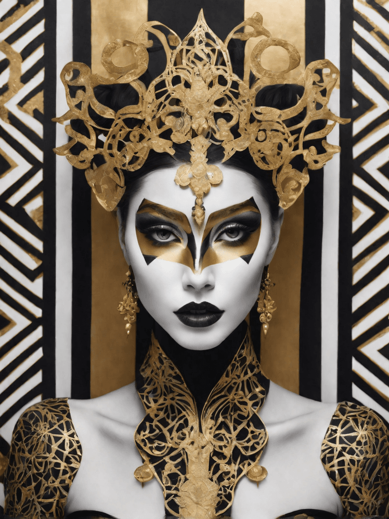 AI generated: a fashion model with face painting and golden background, wearing makeup, absurd, creative, glamorou...