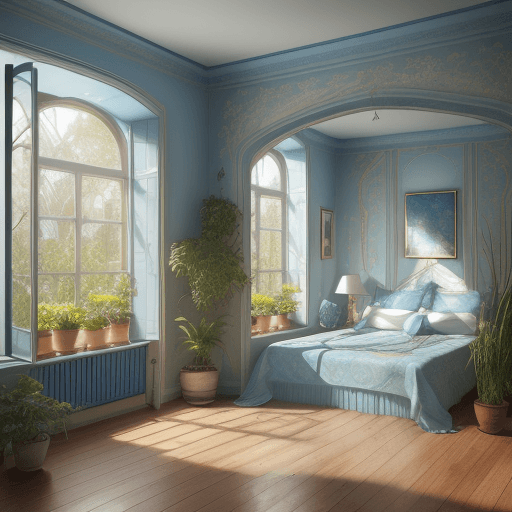 AI generated: High resolution interior design, dreamy sunken bedroom, wooden floor, two windows facing the garden,...