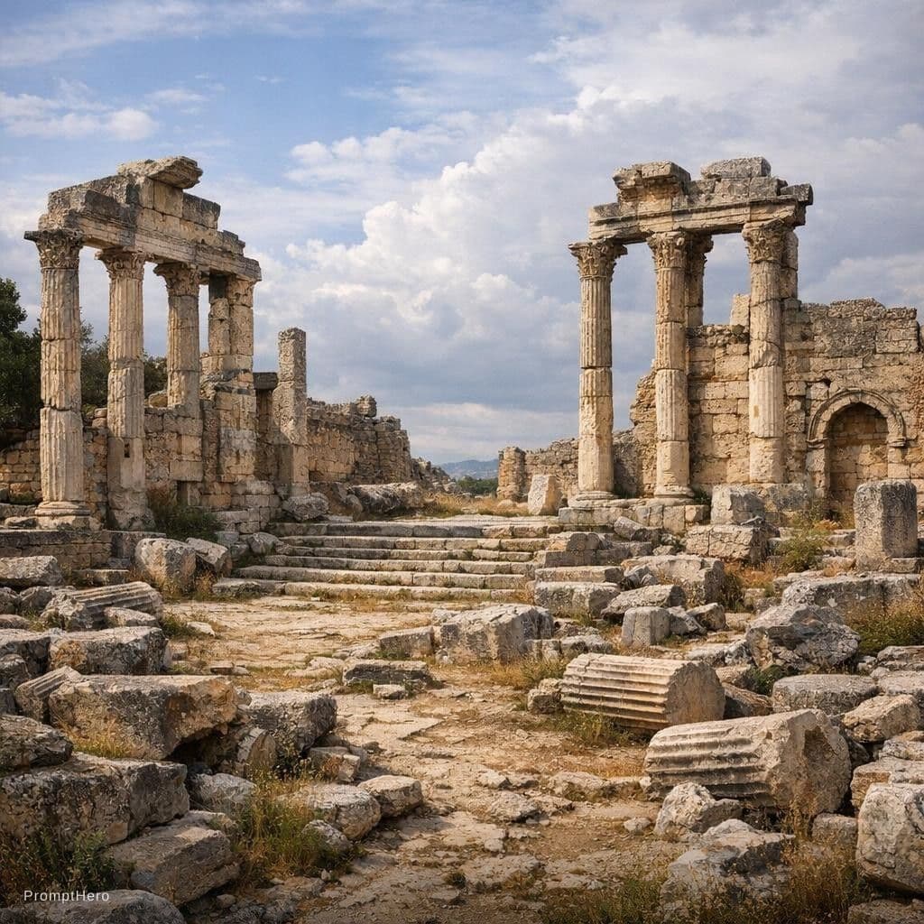 AI generated: Antik bir tapınağın günümüzdeki harap hali.
